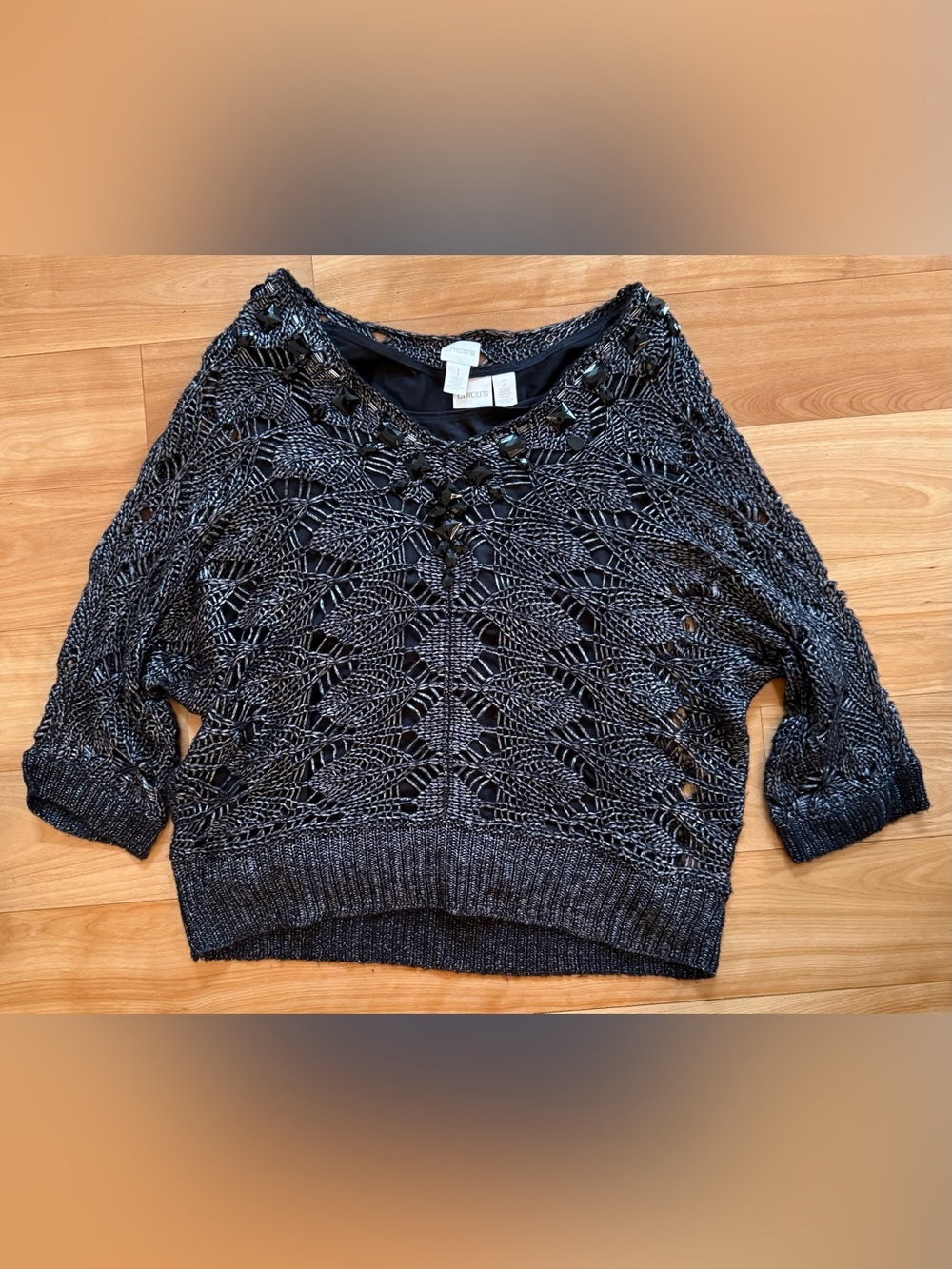 Chico’s Embellished Open Knit Sweater Top & Tank Set Black Beaded Metallic